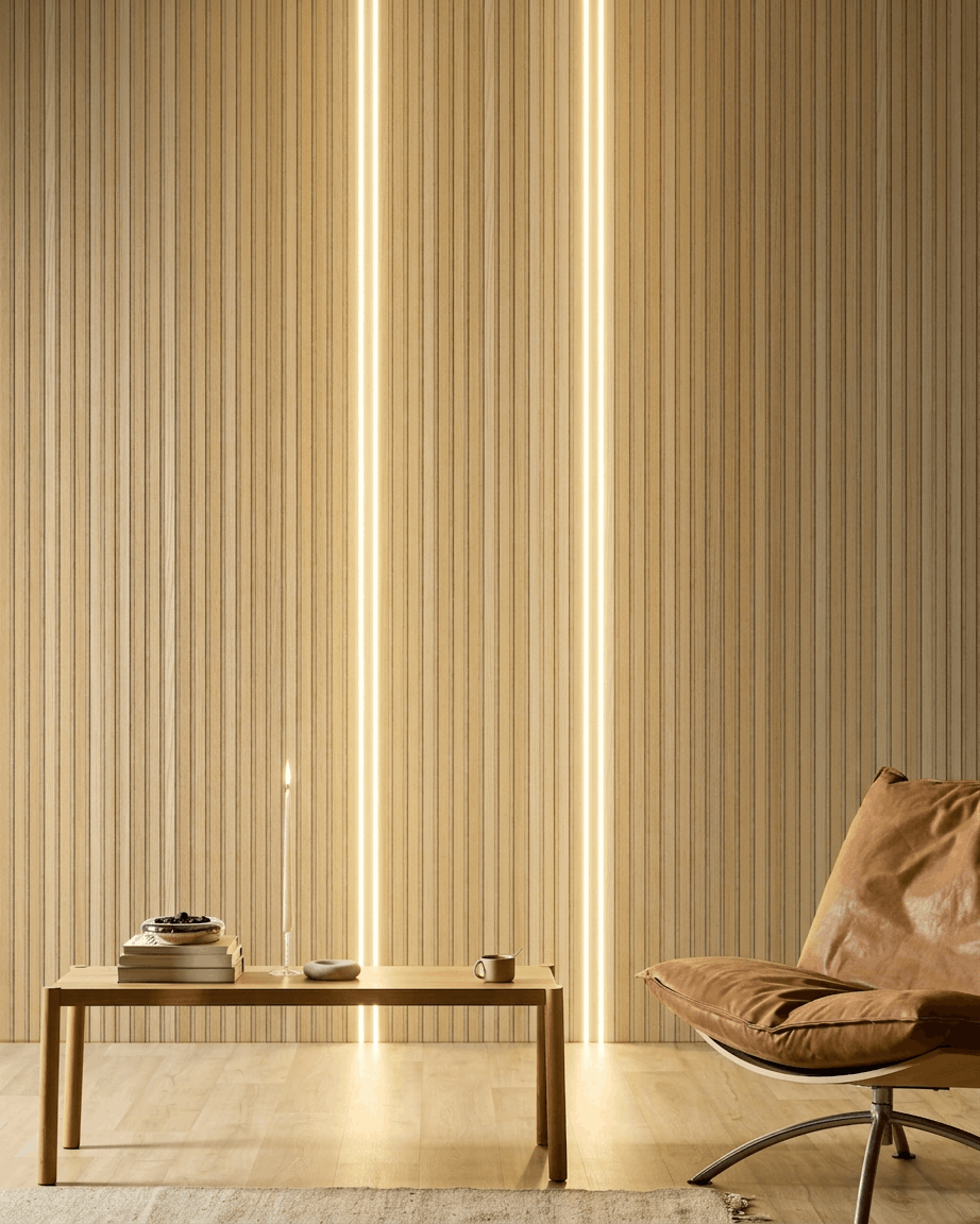 Minimalist room featuring a WoodUpp Akupanel acoustic slat wall, beige Lumi LED striplights (240cm), a brown leather chair, and a simple table.